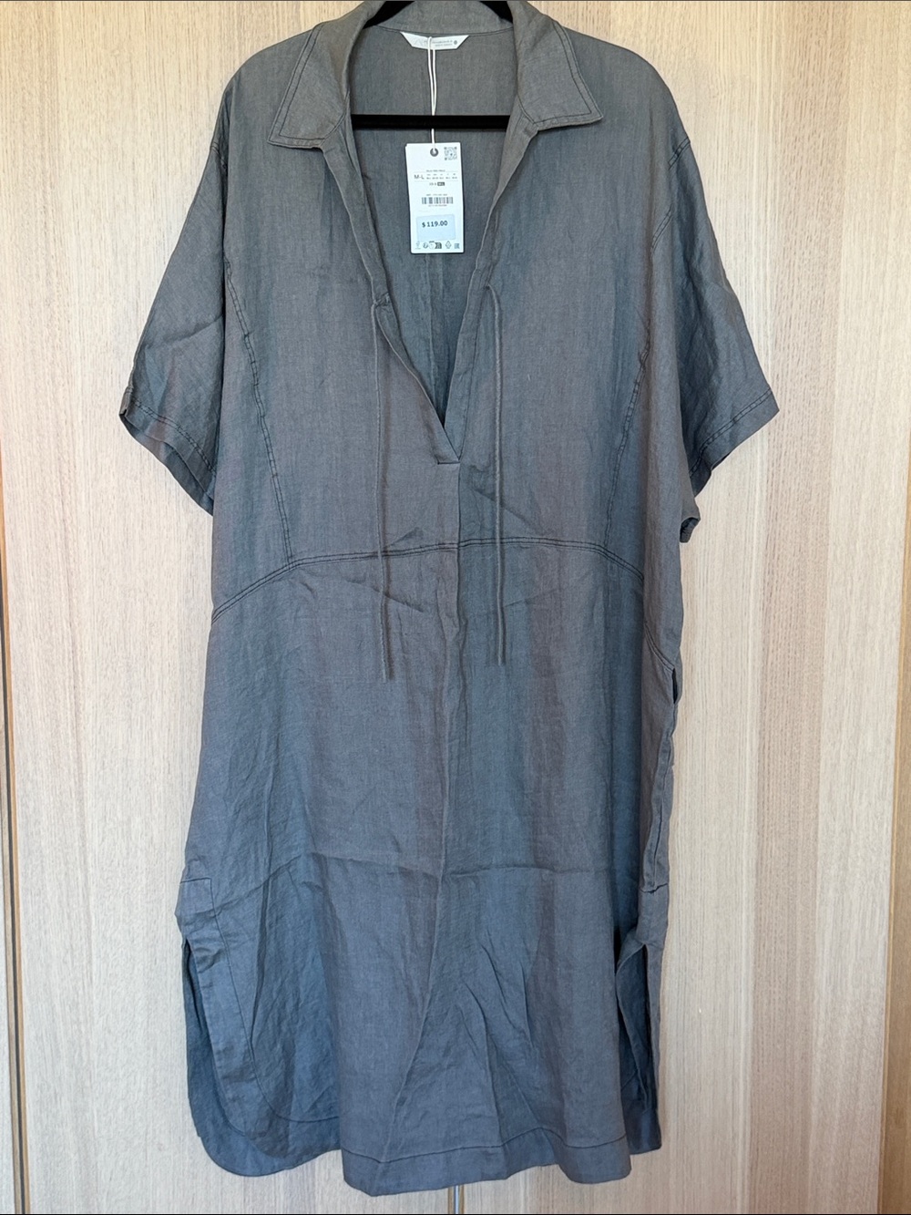 Zara Linen Maxi Dress in Slate Gray with Tie Neck